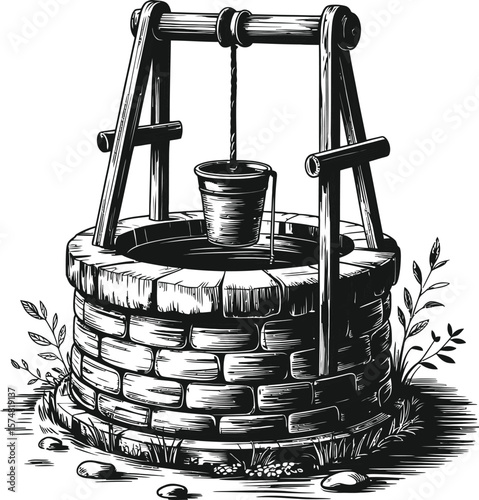 Vintage Hand-Drawn Water Well with Bucket and Rope Illustration