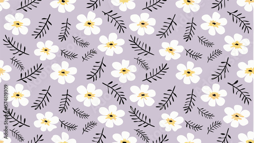 Floral pattern with white flowers and dark leaves on a light purple background design element art
