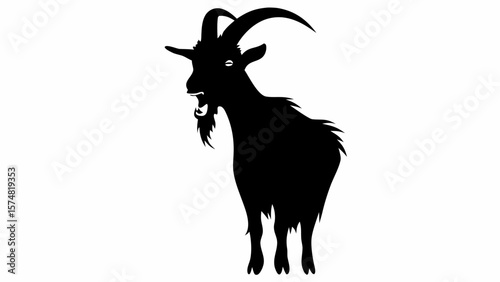 Illustration of a black silhouette of a goat with horns and a beard standing on a white background