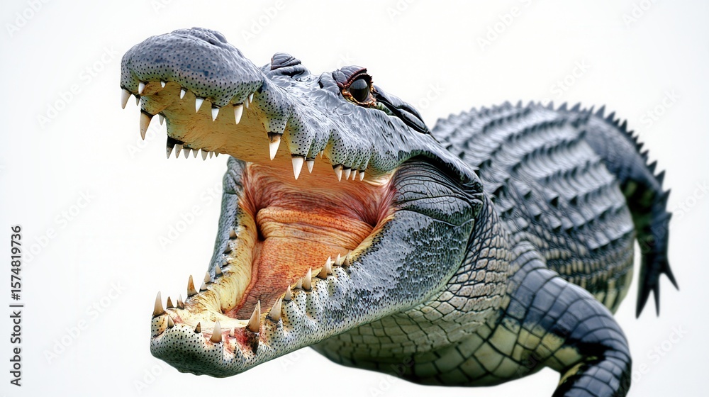 Obraz premium A close-up view of a crocodile with an open mouth, revealing sharp teeth and a textured skin