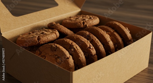 Chocolate Chip Cookies in a Brown Cardboard Box on Wooden Surface