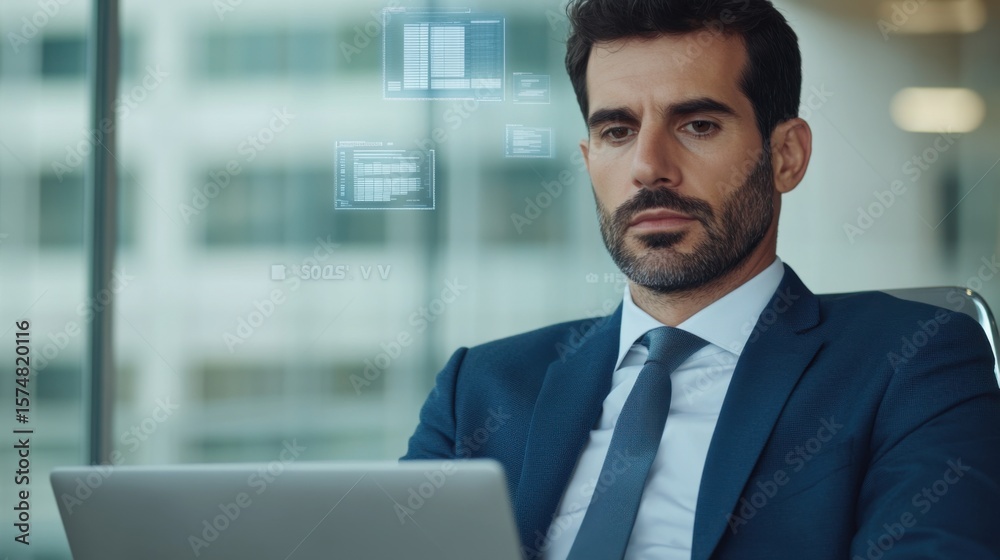 Fototapeta premium A focused businessman working on his laptop in a modern office. He is deep in concentration, with data visualizations overlaying in the background