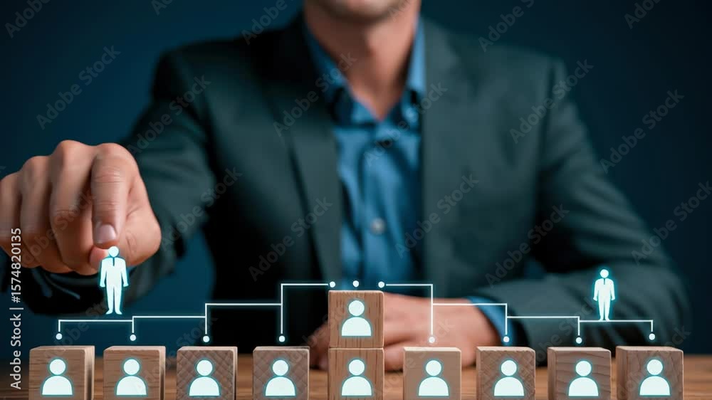 Businessman selecting leader from organizational hierarchy structure with glowing icons on wooden blocks, team management and leadership concept.
