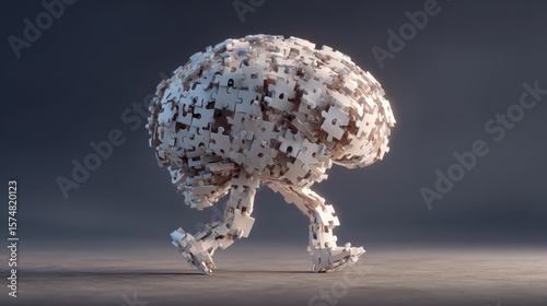 A walking brain made of puzzle pieces, representing a mental process