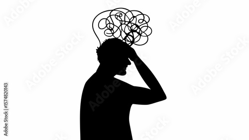 Silhouette of a man with hand on head and tangled lines above head representing mental confusion or stress
