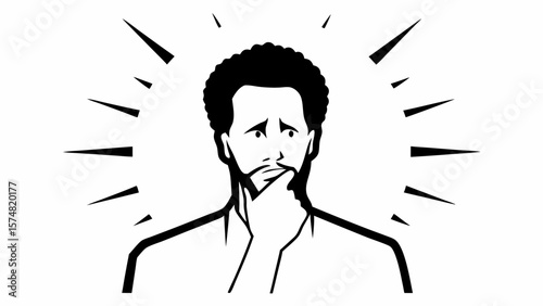 A man with curly hair is thinking deeply with his hand on his chin surrounded by radiating lines of light