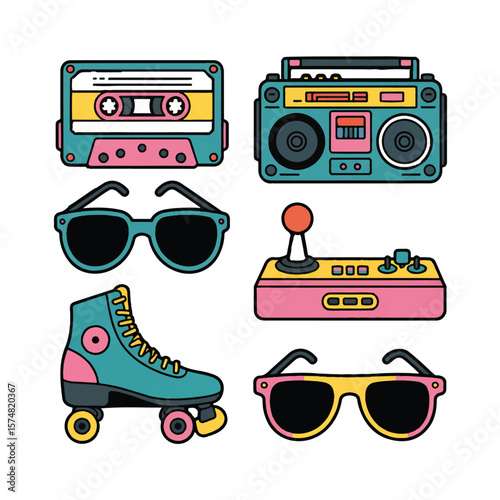 A vibrant collection of retro 80s and 90s icons including a cassette tape, boombox, sunglasses, roller skate, and joystick