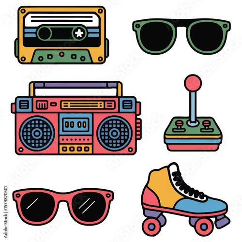 A vibrant collection of retro 80s and 90s icons including a cassette tape, boombox, sunglasses, roller skate, and joystick