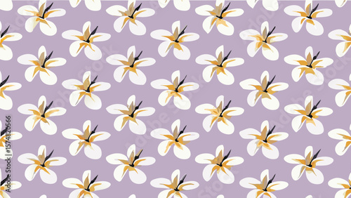 Floral pattern with white flowers and yellow centers on a light purple background in a repeating design