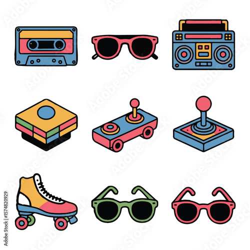 A vibrant collection of retro 80s and 90s icons including a cassette tape, boombox, sunglasses, roller skate, and joystick