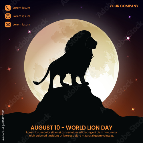 World Lion Day design with a lion on high cliff