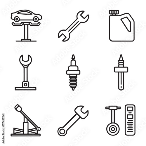 A set of automotive repair tools and car maintenance equipment, including wrenches and spark plugs