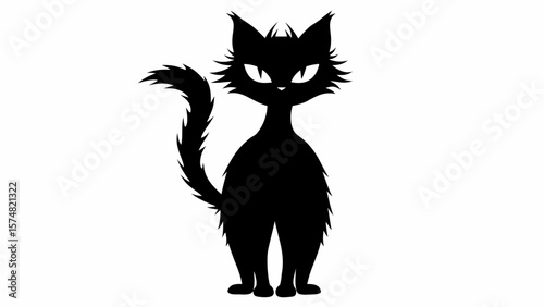 Silhouette of a black cat with pointy ears and a fluffy tail standing on a white background view front
