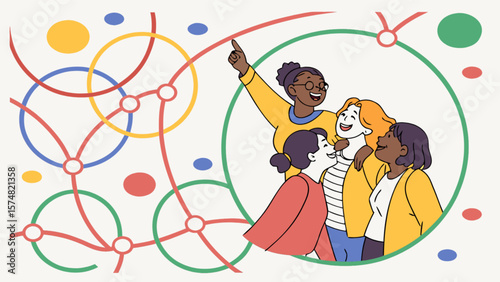Diverse group of women collaborating and networking with colorful connections and circles design