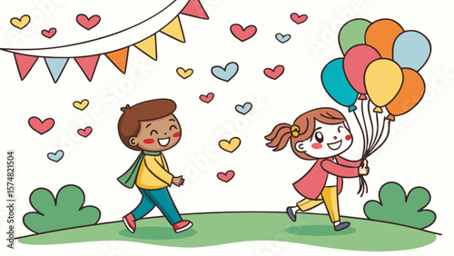 Cartoon kids with balloons party celebration vector illustration for graphic design and animation projects