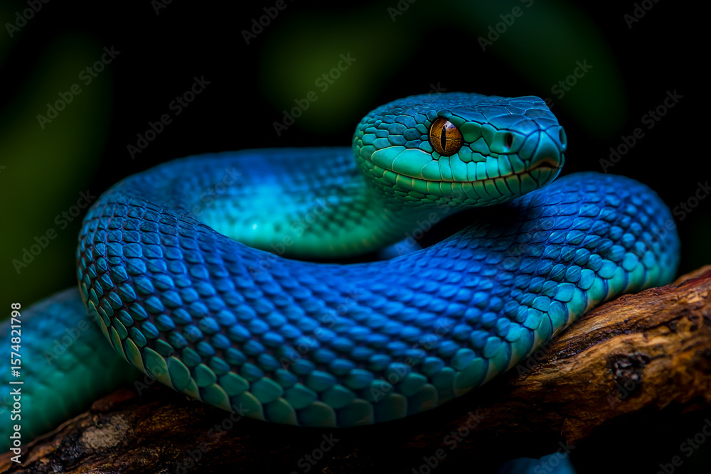 Obraz premium Striking blue viper snake coiled on a branch in a close up