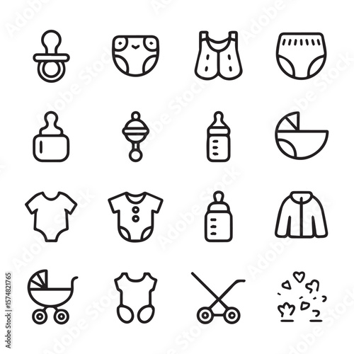 A collection of baby care icons including a pacifier, diaper, bottle, stroller, and clothing items