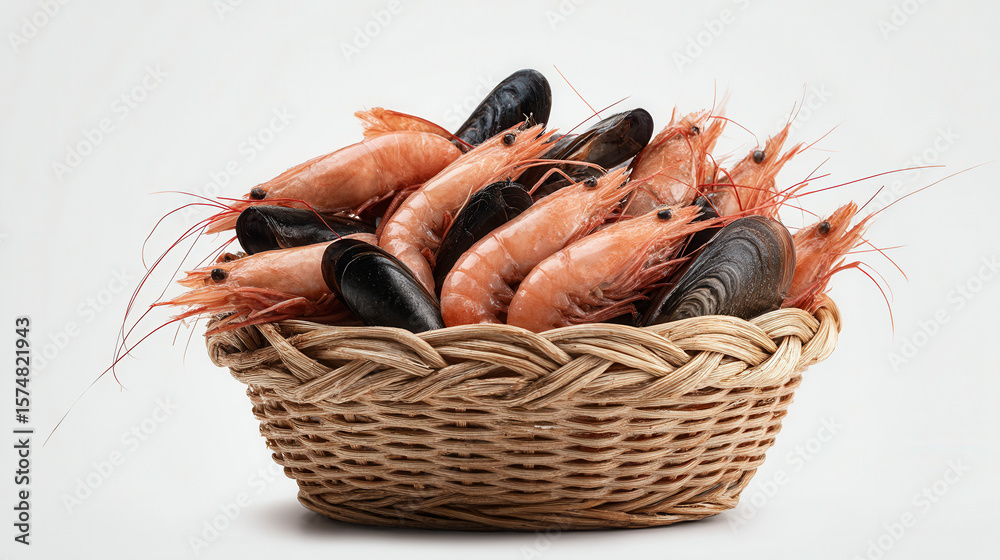 Fototapeta premium Delicious basket overflowing with fresh shrimp, prawns, and mussels captured in hyper-realistic detail on a clean white background