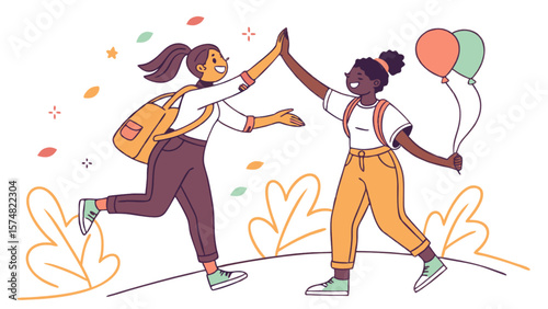 Two friends high five celebrating success achievement friendship and teamwork in outdoor scene illustration