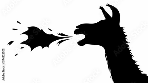 Silhouette of a llama like creature breathing fire with pointy ears and long neck in black and white