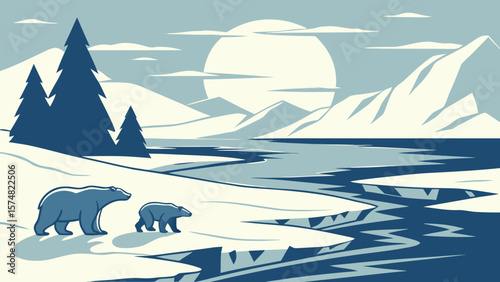 Serene Arctic Landscape: Two Polar Bears by a Glacial River Under a Calm Moon, Stylized Vector Illustration, Peaceful Winter Scene.