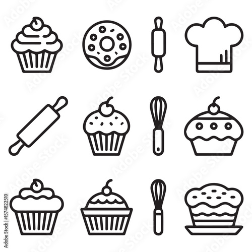 A charming assortment of baking icons showcasing cupcakes, donuts, rolling pins, whisks, and chef hats