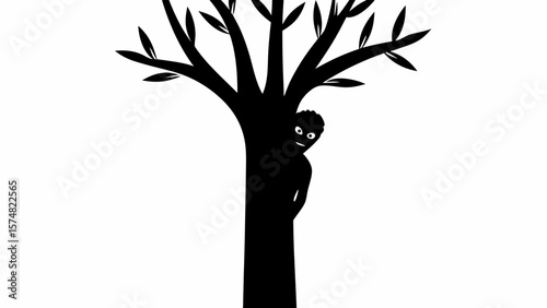 A silhouette of a person hiding behind a tree with sparse leaves in a stark black and white image