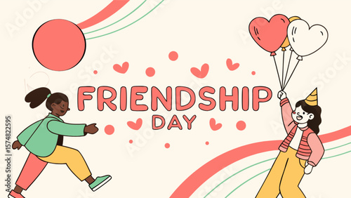 Happy friendship day celebration with friends balloons and hearts illustration for social media post design
