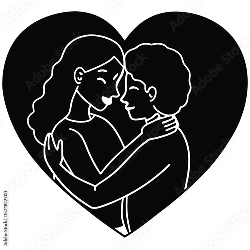 Silhouette of a loving couple, possibly with a child, captured in a beautiful black vector illustration depicting family happiness and romance
