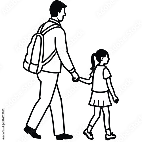 Father walking daughter to school backpack silhouette

