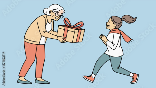 Grandmother giving gift to granddaughter happy family holiday present celebration surprise illustration vector