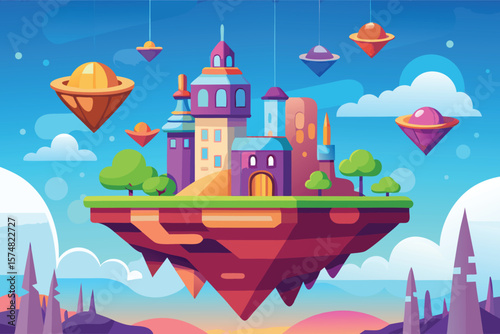 Vibrant floating island city with flying saucers