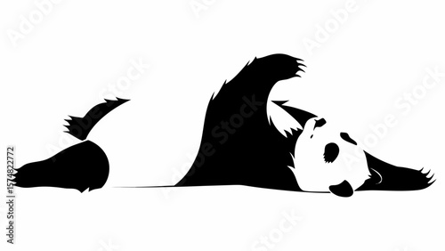A black and white illustration of a panda bear lying on its back with its paws in the air playfully
