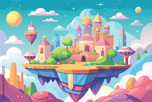 Whimsical floating islands with fantasy architecture and dreamy sky