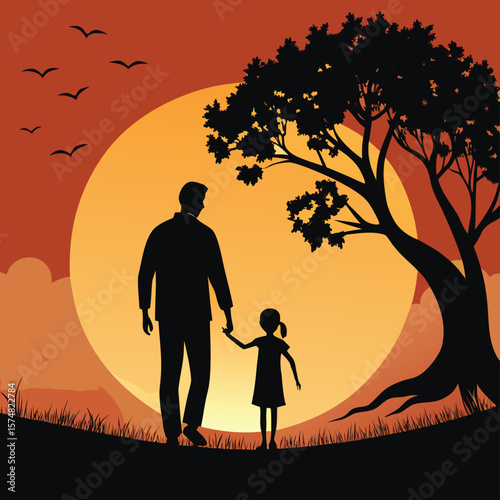 Father holding daughter’s hand under a tree during sunset silhouette