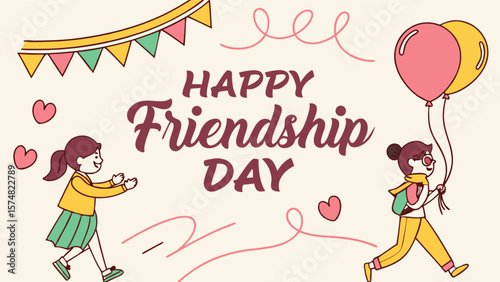 Happy friendship day celebration with friends girls balloons and party decoration vector illustration design