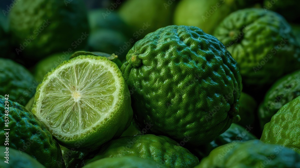 Fototapeta premium Fresh and vibrant bergamot fruit, one cut open to reveal its refreshing citrusy interior. The fruits are a vivid green, showcasing the natural beauty of the harvest.