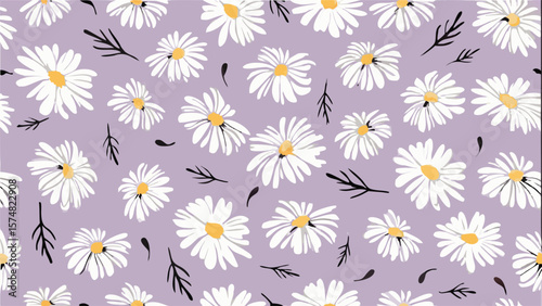 Floral pattern with white daisies and dark leaves on a light purple colored background design art