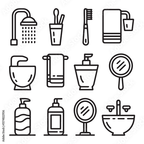A comprehensive collection of bathroom icons featuring shower, toothbrush, mirror, bathtub, sink, and soap dispensers