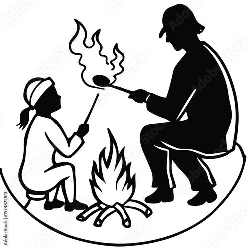 Father and daughter roasting marshmallows by campfire silhouette