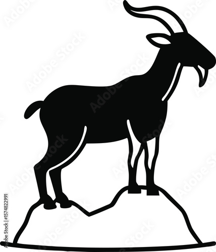 Mountain Goat Silhouette Icon, Ibex on a Rock Vector