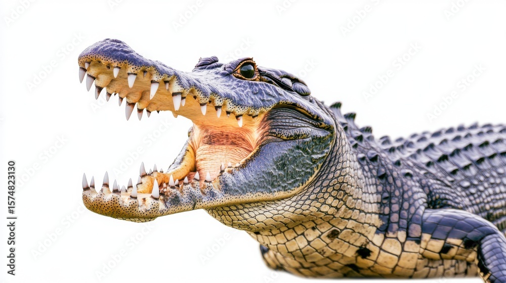Fototapeta premium A close-up of a crocodile with its mouth open revealing its sharp teeth, showcasing the raw power of the animal