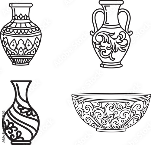 Collection of Decorative Ceramic Vessels and Ornate Bowl Featuring Intricate Ethnic Patterns and Elegant Swirls Ideal for Interior Design and Craft Projects