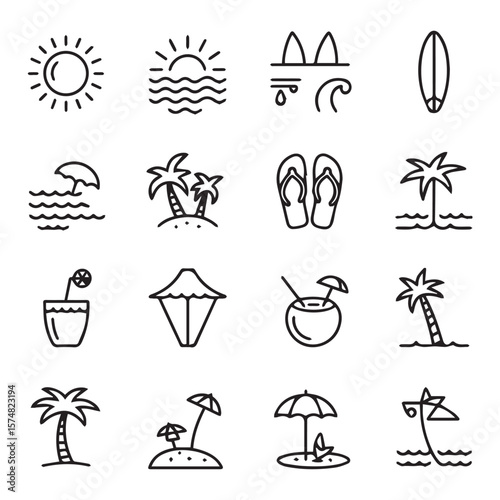 An assortment of minimalist line icons depicting summer beach scenes, tropical drinks, and vacation essentials