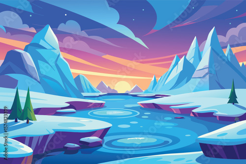 Vibrant arctic landscape with snowy peaks and aurora sky