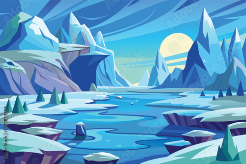 Stylized arctic landscape with icy mountains and a glowing moon