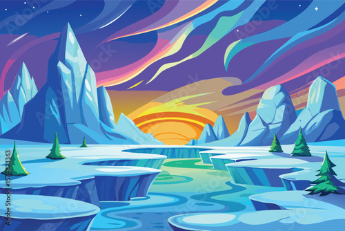 Surreal arctic landscape with aurora borealis and ice formations