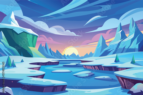 Vibrant arctic landscape with snow capped mountains and frozen river