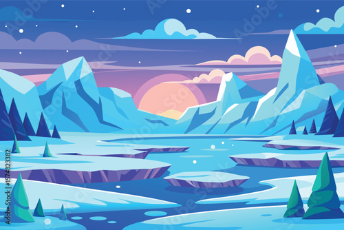 Vibrant arctic landscape with icebergs and aurora