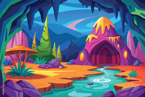 Vibrant alien landscape with glowing cave entrance and strange flora